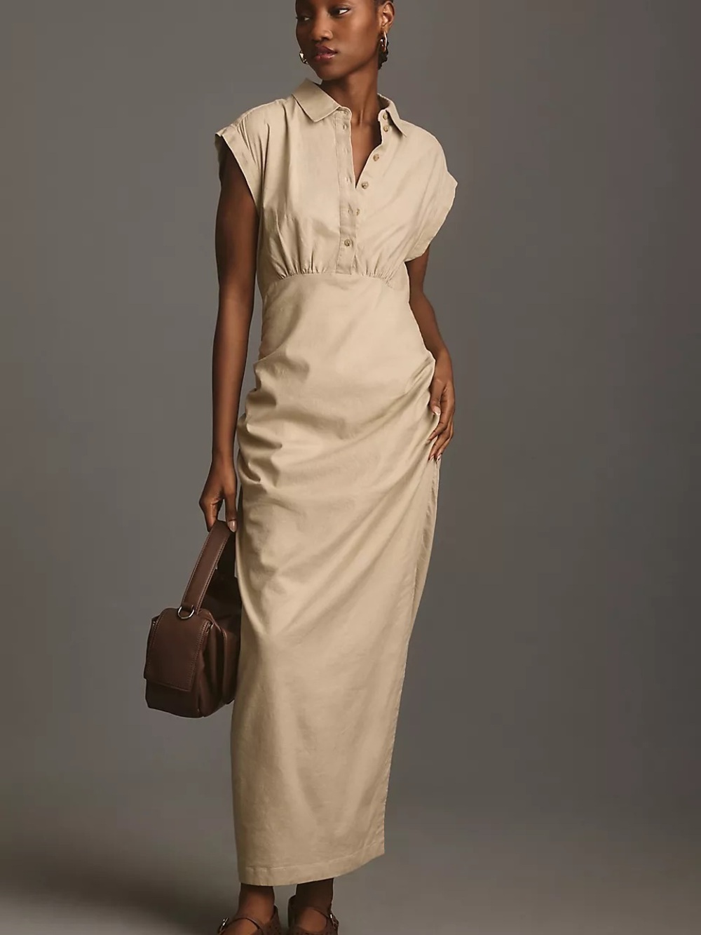 By Anthropologie Cap-Sleeve V-Neck Ruched Slim Midi Dress Beige Size XS